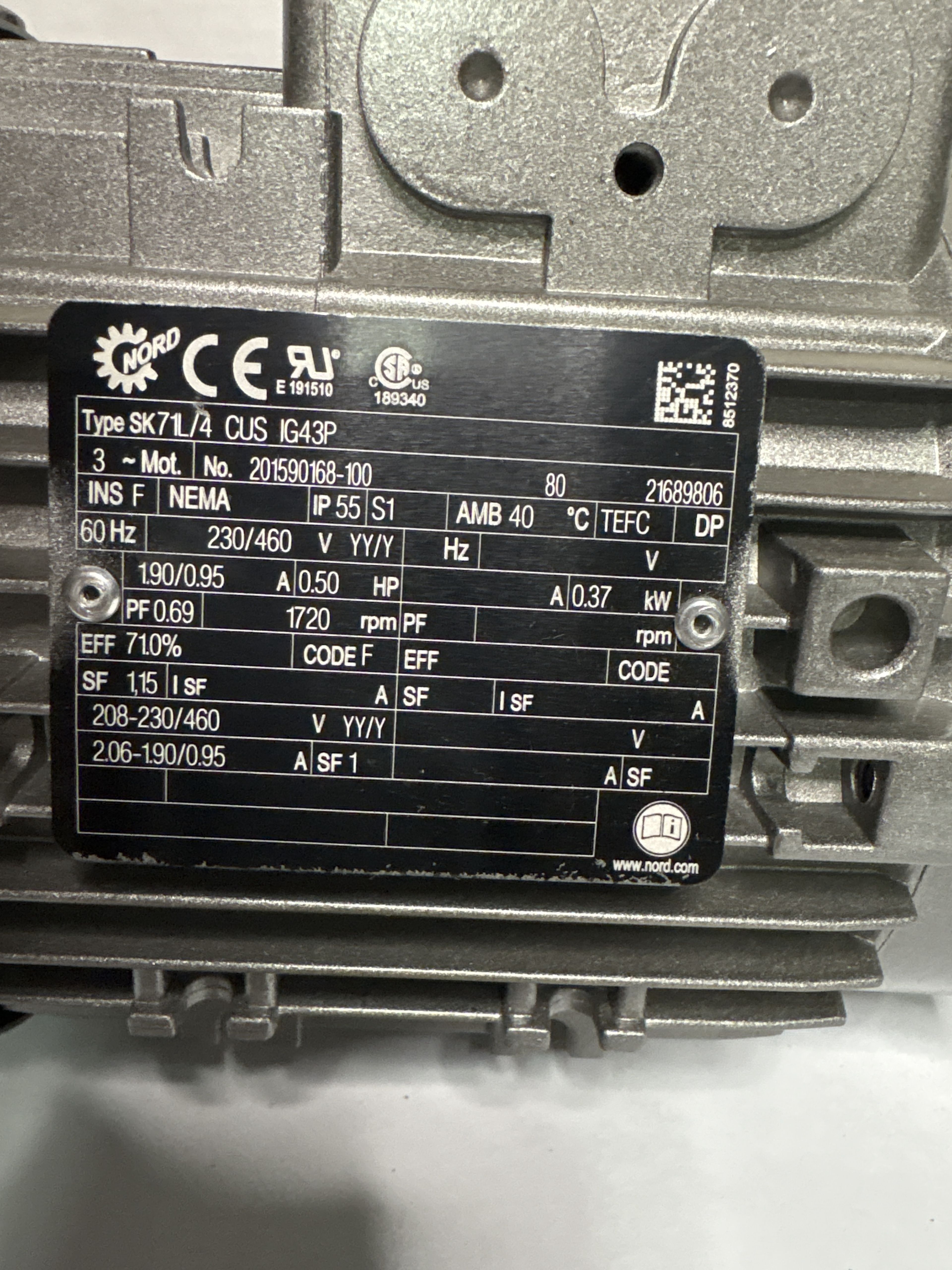 Nord Drive Systems - .5 HP Electric Motor - SK71L/4 CUS IG43P - Document 1