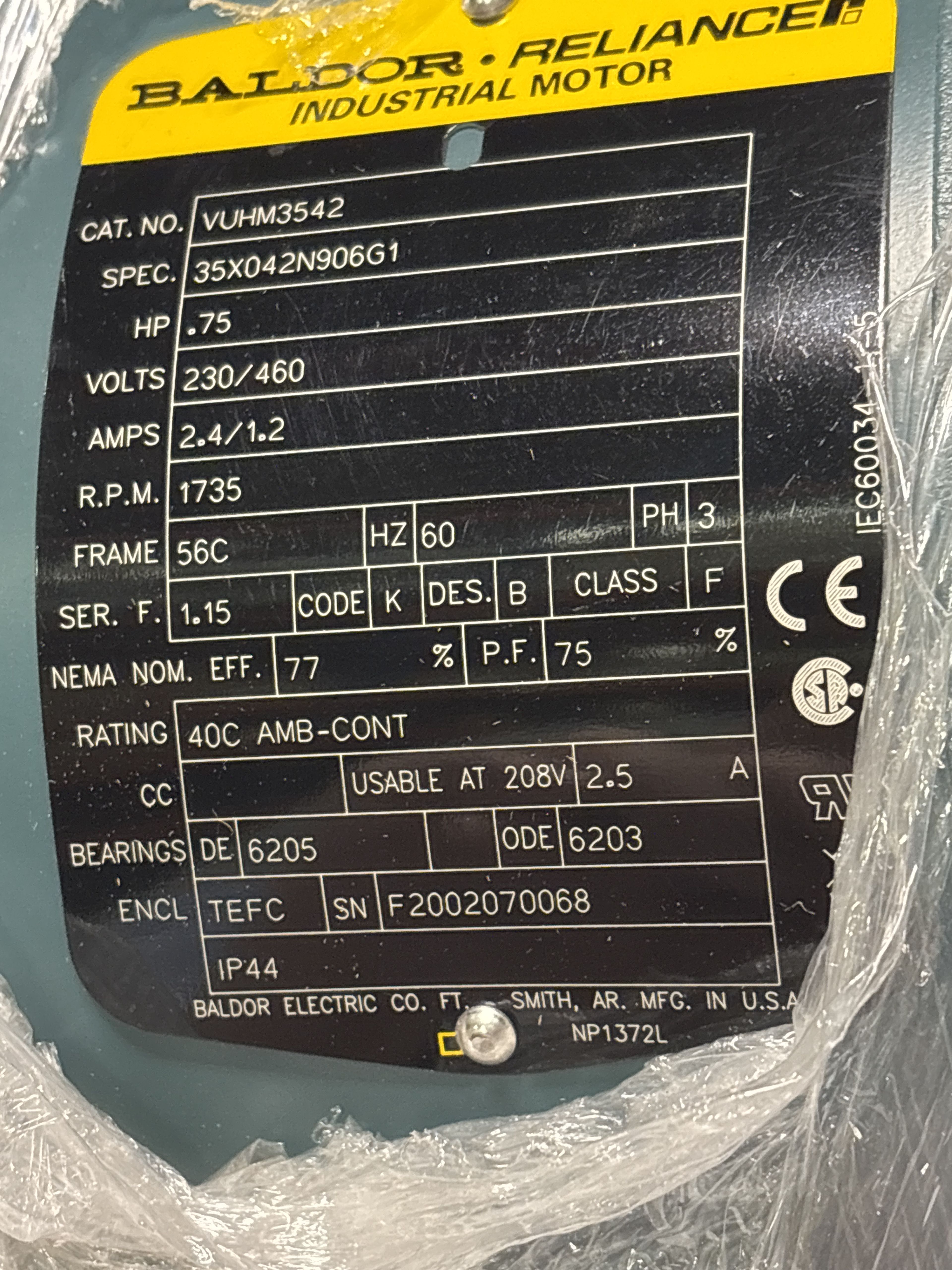 Baldor Reliance - .75 HP Electric Motor - VUHM3542 - Document 1