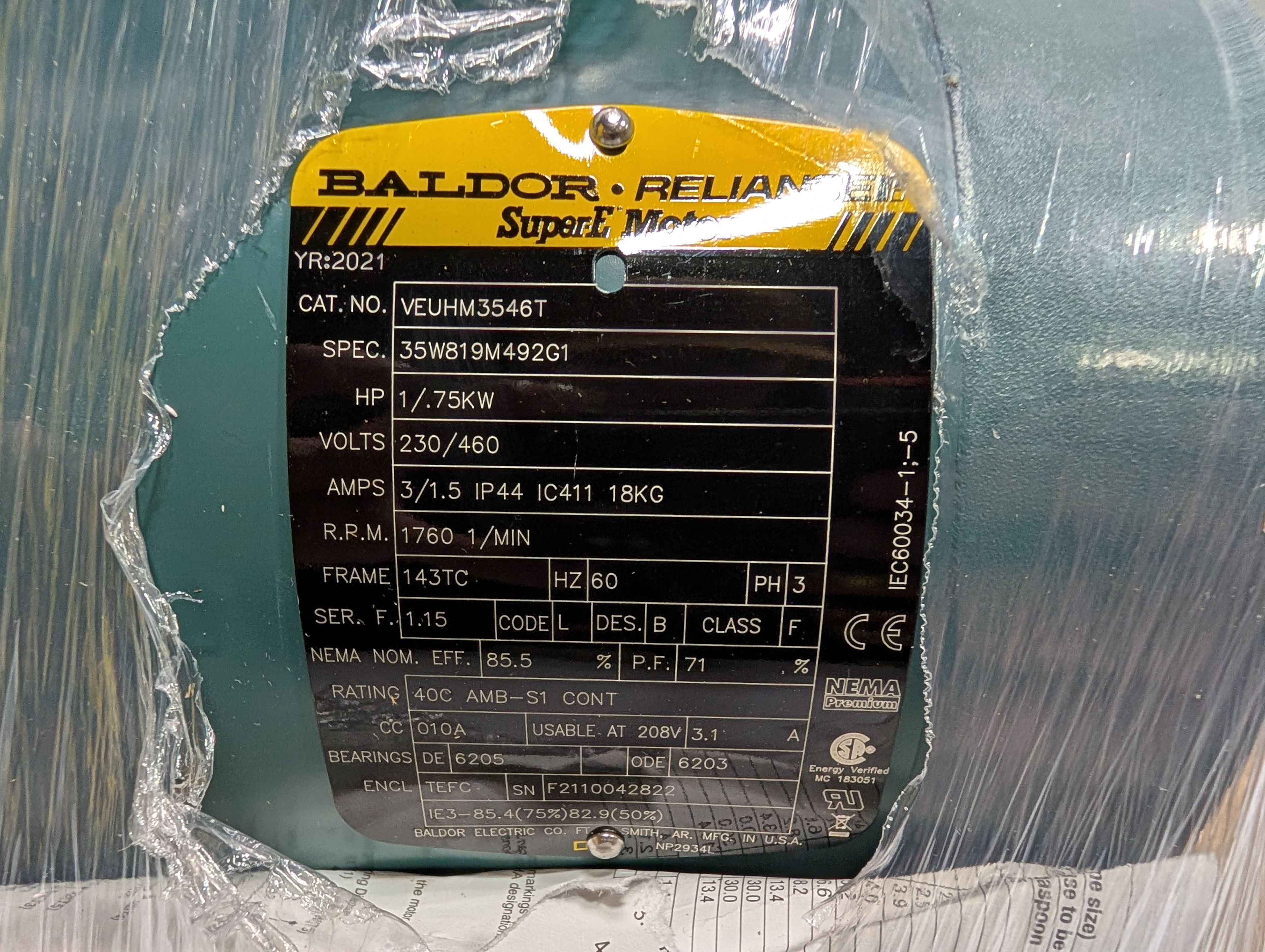 Baldor Reliance - 1 HP Electric Motor - VEUHM3546T - Document 2
