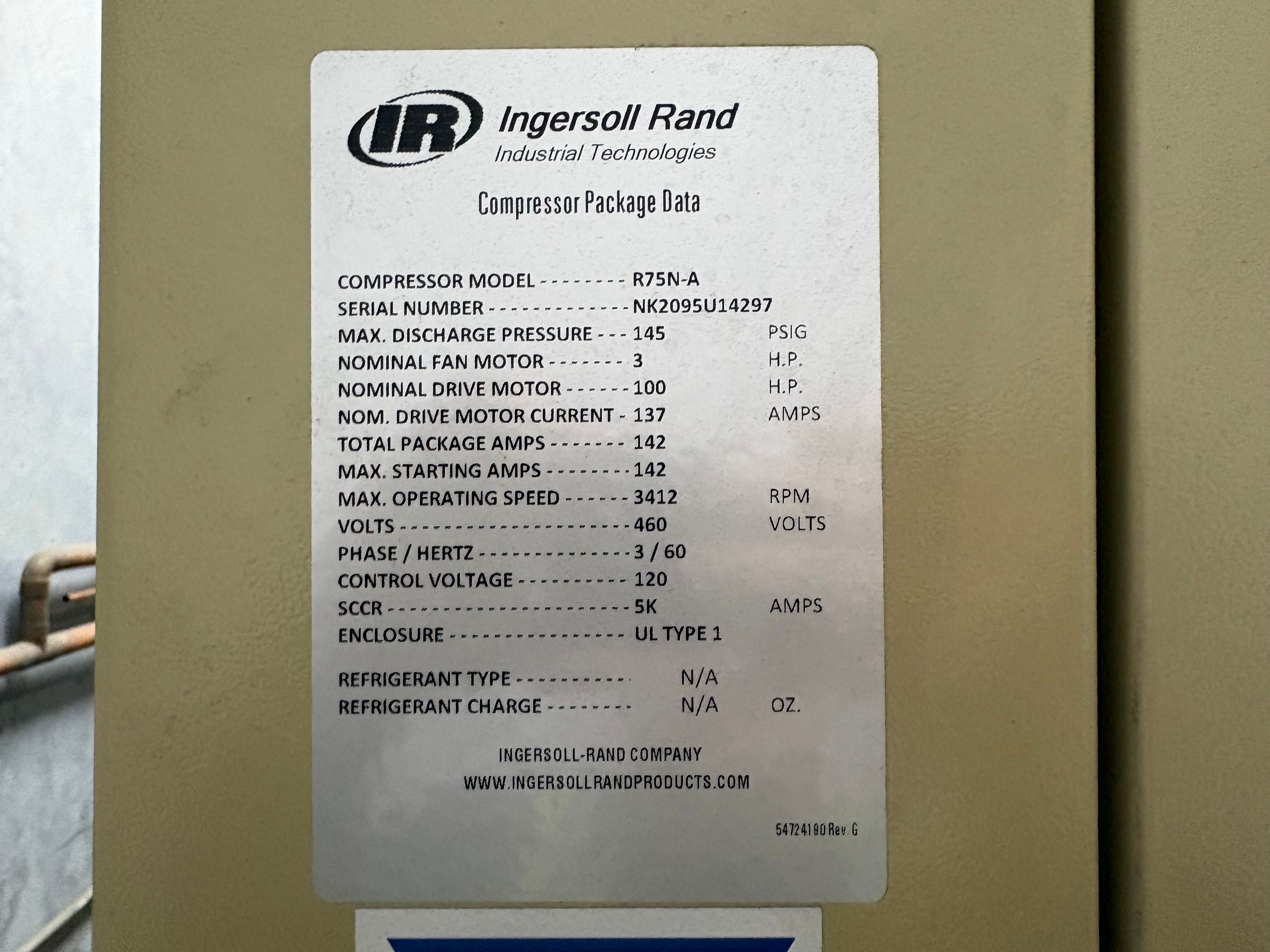 Ingressoll Brand Air Compressor - Model R75N-A - Document 3