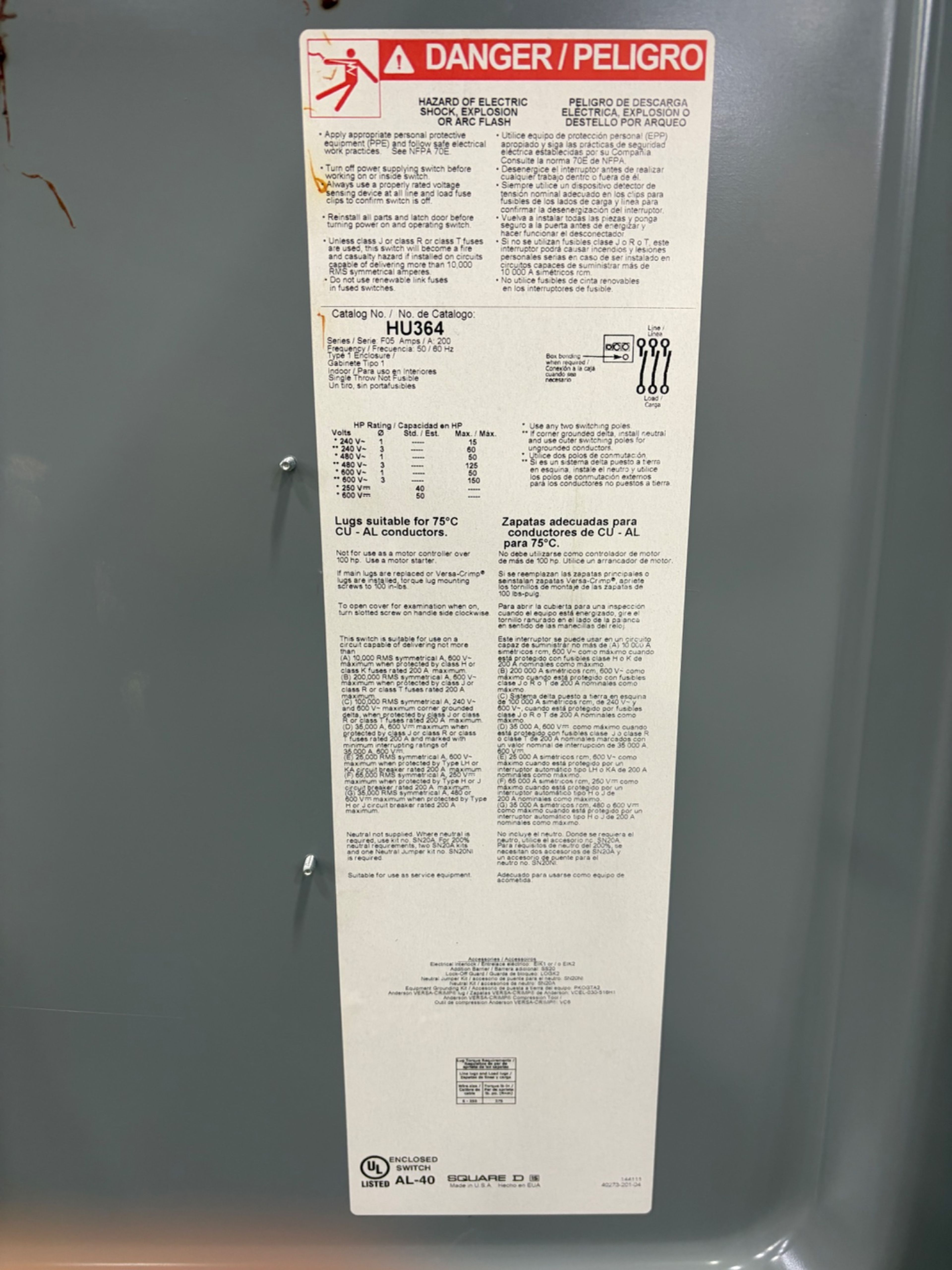 Square D HU364 200A Heavy-Duty Safety Switch - Document 9