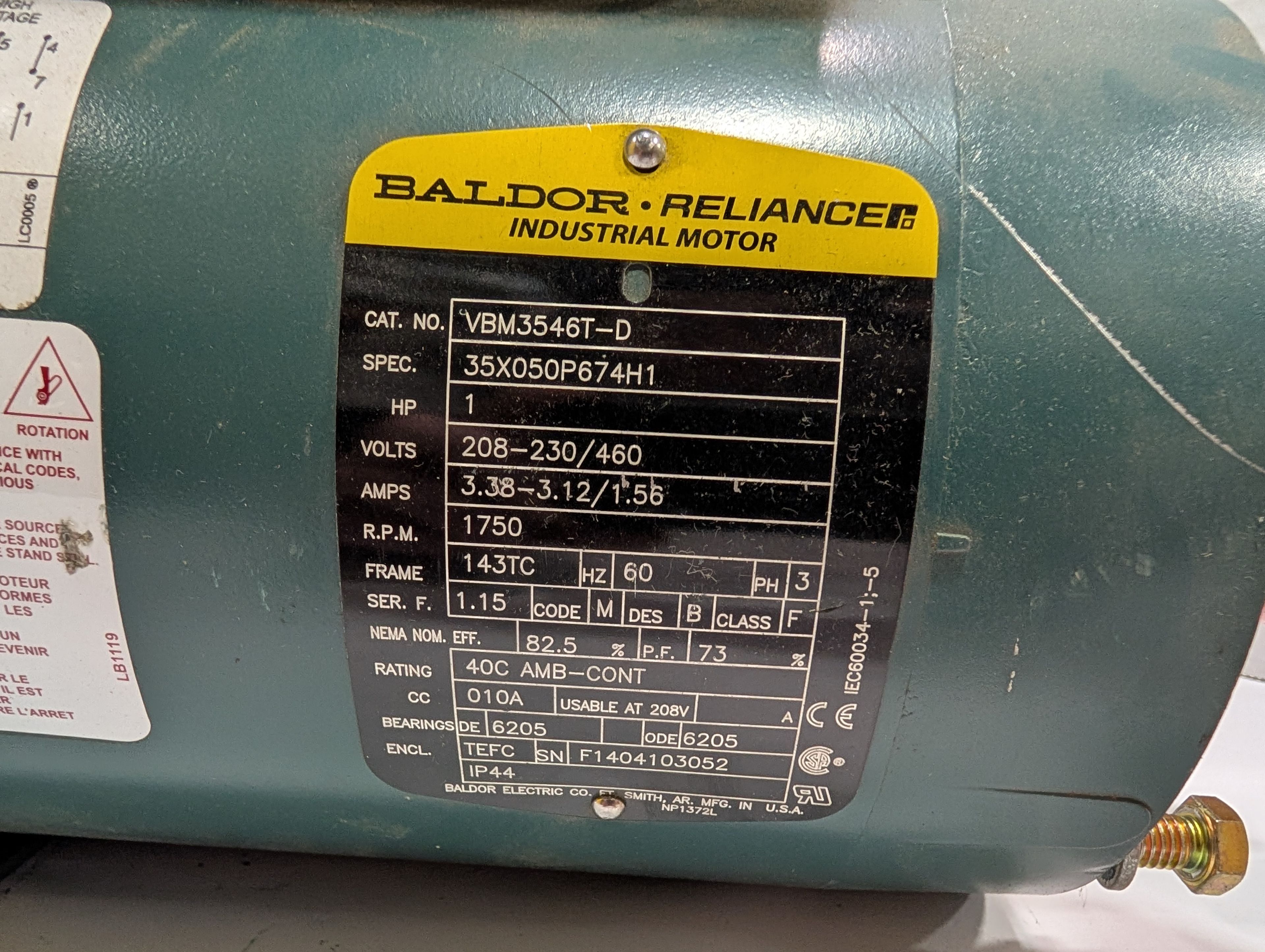 Baldor Reliance - 1 HP Electric Motor - V M3546T-D - Document 3